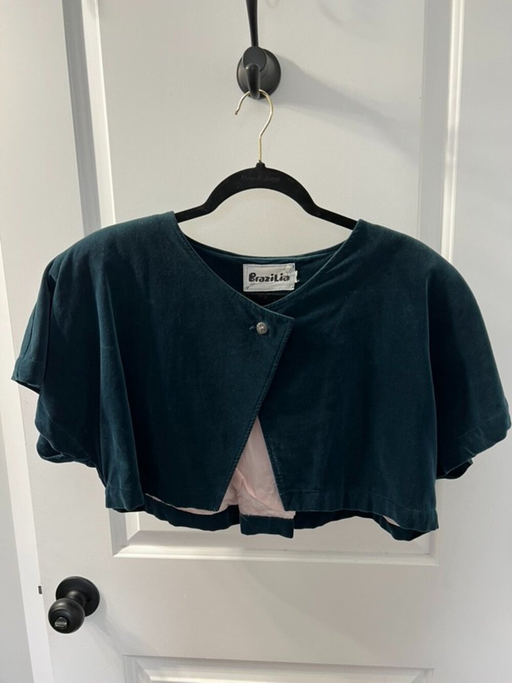 Vintage Brazilia Teal Velvet Cropped Bolero Jacket Cat Button Lined Shrug